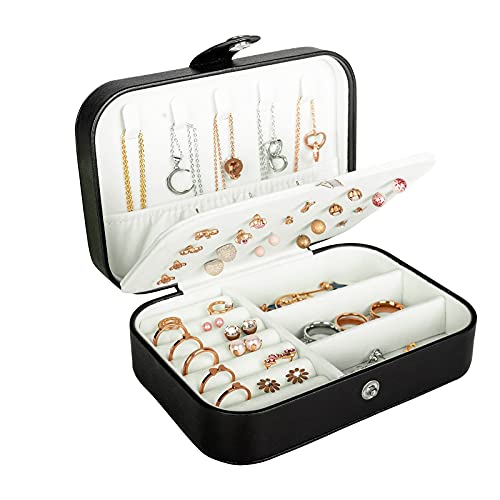 Reise-Schmuckschatulle, PU-Leder, kleiner Schmuck-Organizer für Damen und Mädchen, doppellagig, tragbar, Mini-Reiseetui, Aufbewahrungsboxen für Ohrstecker, Ringe, Halsketten, Armbänder (schwarz) von Hatori