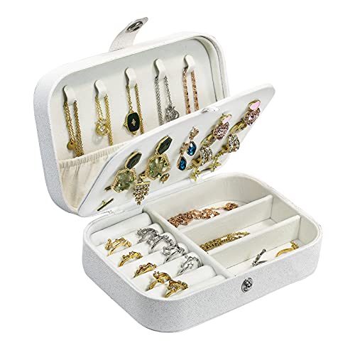 Reise-Schmuckschatulle, PU-Leder, kleiner Schmuck-Organizer für Damen und Mädchen, tragbare Mini-Reiseetui, Aufbewahrungsboxen für Ohrstecker, Ringe, Halsketten, Armbänder (Glitzer-Weiß) von Hatori