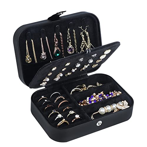 Reise-Schmuckschatulle, PU-Leder, kleiner Schmuck-Organizer für Damen und Mädchen, tragbare Mini-Reiseetui, Aufbewahrungsboxen für Ohrstecker, Ringe, Halsketten, Armbänder (Schwarz 02) von Hatori