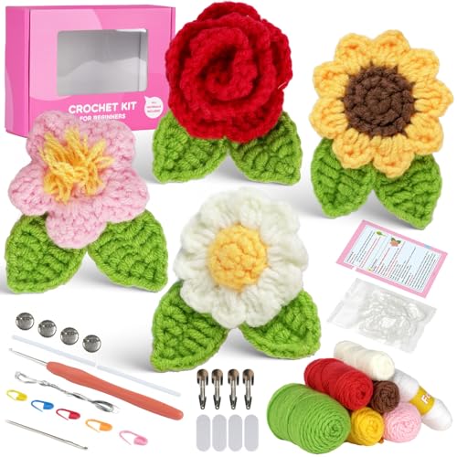 Häkel-Starter-Kits für Anfänger, handgefertigt, Blumenbrosche, Garn, Häkelnadel, Anleitung (evtl. nicht in deutscher Sprache), Zubehör-Kits von Hattba