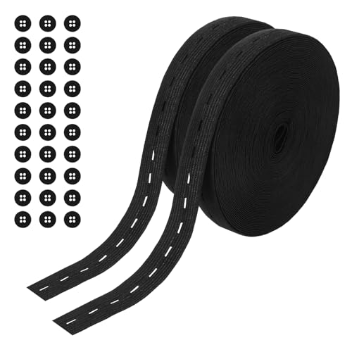 ​​2 Rollen 10m Gummiband zum Nähen Gummibänder 2cm/0.79inch Breit Flaches Nähband mit Knopflöchern Elastisches, Rubber Band für Hosenbund Rock Taillenbändern Sportbekleidung ​​​​(Schwarz) von Hauojaus