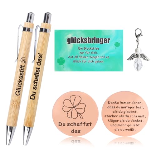 2 Stück Glücksstift Holzkugelschreiber, Kugelschreiber mit Gravur, Du Schaffst Das Geschenk für Prüfung Mutmacher Geschenk, 14 cm/5.51 Inch, Silbermünze Münze Karte Organzabeutel für Freund Kollege von Hauojaus