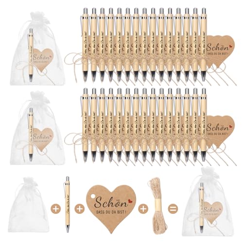 30 Stück ​​Gastgeschenke Hochzeit Holz Kugelschreiber Schön Das Du Da Bist Geschenk, 13.6cm/5.35inch mit Organzasäckchen Karte für ​Kommunion Taufe Geburtstag​​ Kollegen Lehrer Dankeschön Idee von Hauojaus