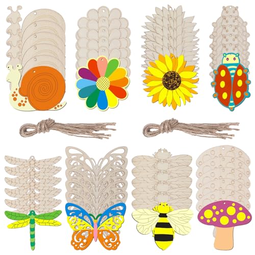 48 Stücke Holztiere Zum Bemalen, Holzscheiben Handwerk 8-9cm/3.1-3.5inch mit 8 Designs (Blumen, Schmetterlinge, Bienen usw.) für DIY Kindergeburtstag, Fensterdeko und Weihnachtsbasteln​ von Hauojaus