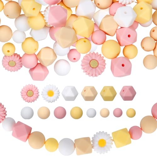 64 Stück Blumen Silikonperlen Gänseblümchen Perlen, Blumenförmige Bastelperlen Set zum Selber Machen Blumen Perlen für DIY Schmuck Set für Schlüsselanhänger, Armbänder Selber Machen​ (Rosa) von Hauojaus