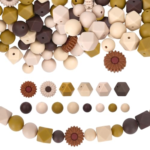 64 Stück Blumenförmige Silikonperlen Gänseblümchen Perlen, Selber Machen Set, Bastelperlen Silikon Perlen für DIY Schmuck Set für Schlüsselanhänger, Armbänder Selber Machen​ (Braun) von Hauojaus