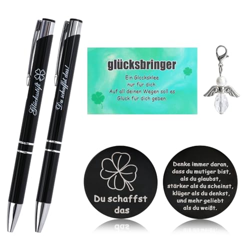 Hauojaus 2 Stück Glücksstift Kugelschreiber mit Gravur, Glücksbringer Prüfung mit Anhänger, 14 cm/5.51 Inch Du Schaffst Das Mutmacher Geschenk, für Abi Prüfung Freund Kollege Abschied (Schwarz) von Hauojaus