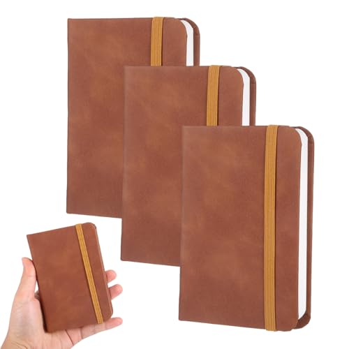 Hauojaus 3 Stück Notizbuch Klein Kleines Notizbuch A7 Leder, Kleines Notizblock A7 3x4.33inch mit Elastischem Verschlussband 100 Seiten mit Dickem Papier für Arbeit Schule Reisejournal (Braun) von Hauojaus
