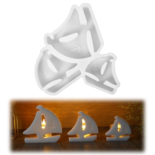 Silikonform Segelboot, Silikonformen Gießformen Gipsformen zum Gießen, Silikonformen 16.2x18.5cm/6.38x7.28inch, Weiße für Diy Kerzen und Gipsdeko Maritime Dekoration(Segelboot 3 Gitter) von Hauojaus