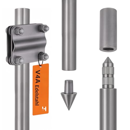 HausHeld® Tiefenerder V4A Set 1,5 m – Erdungsspieß Ø20 mm aus Edelstahl + Einschlagspitze + Kreuzerder-Klemme + Schutzadapter MECH – Erdungsstab Blitzschutz Erdungssystem PV-Anlage von Haus-Held