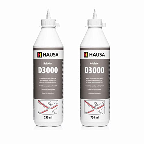 HAUSA Holzleim D3 extra starker, wasserfester Holzkleber für Innen & Außen, Kaltleim für alle Holzarten, Feuchtigkeits- & Hitzebeständig, schnell trocknend, transparent, lösemittelfrei, 2x 750ml von Hausa
