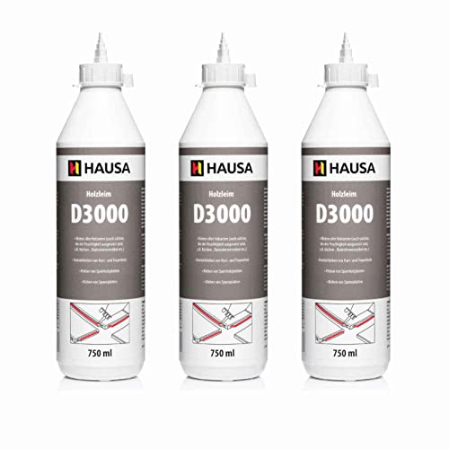 HAUSA Holzleim D3 extra starker, wasserfester Holzkleber für Innen & Außen, Kaltleim für alle Holzarten, Feuchtigkeits- & Hitzebeständig, schnell trocknend, transparent, lösemittelfrei, 3x 750ml von Hausa