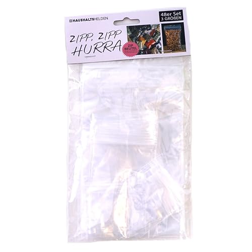 48 Stück Druckverschlussbeutel in 3 Größen, Zipp Zipp Hurra, vielseitig nutzbar, Schnellverschlussbeutel, Druckverschluss Verschluss Beutel Verpackungsbeutel, Verschlussbeutel Folienbeutel Zip Beutel von Haushaltshelden