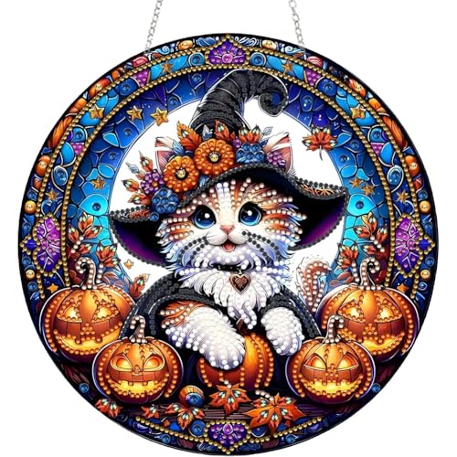 Hausio Halloween Diamond Painting Fensterbilder Anhänger Heiße Schokolade, 5D Diamond Painting Herbst Beidseitig für Erwachsene, Bastelset Kreativ Set, Hängend Ornament Tür Fenster (Stil 6) von Hausio