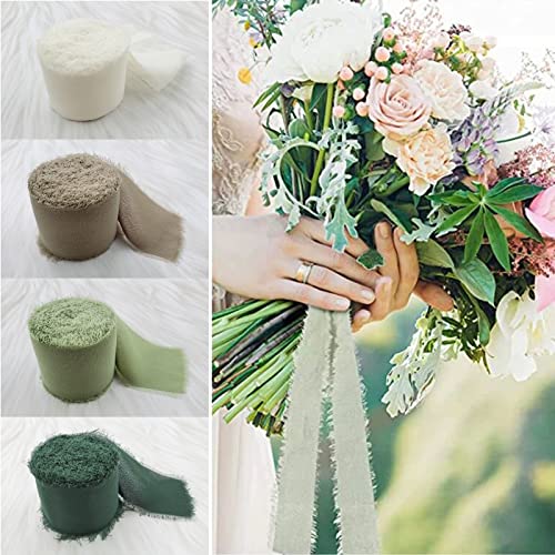 4 Rollen Geschenkband, 4cm x 6,5m Chiffonband Fransen, 4 Farben Schleifenband Hochzeit, Handgemacht Dekoband, Handgemachtes Ausgefranstes Chiffon Bänder, für Geschenk Verpackungen, Blumenstrauß (Grün) von HautStore