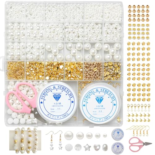 HavaCue 1456 Stück Weiße Perlen zum Auffädeln Kit, DIY Perlen für Armbänder Weiß, 4/6/8/10/12mm Perlen Weiss mit Goldene Perlen, Schmuck Selber Machen Set Erwachsene, Perlensets für Ketten und Charms HavaCue 1456 Stück Weiße Perlen zum Auffädeln Kit, DIY Perlen für Armbänder Weiß, 4/6/8/10/12mm Perlen Weiss mit Goldene Perlen, Schmuck Selber Machen Set Erwachsene, Perlensets für Ketten und Charms von HavaCue ㅤ