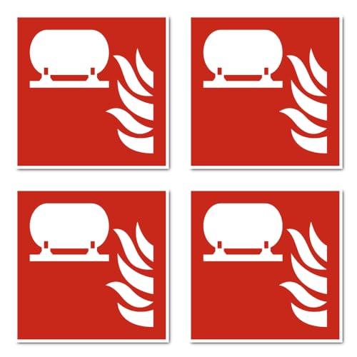 Aufkleber: 100x100 mm, 4 Stück - Fest eingebaute Feuerlösch-Einrichtung - Brandschutzzeichen - F012 - rot/weiß - DIN EN ISO 7010 / ASR A1.3 von Havati