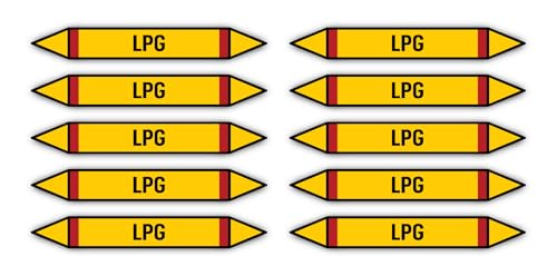 Aufkleber: 100x15 mm, 10 Stück - Gruppe 4 - Brennbare Gase - Flüssiggas - Rohrleitungskennzeichnung - nach DIN 2403 - Sprache: deutsch - LPG von Havati