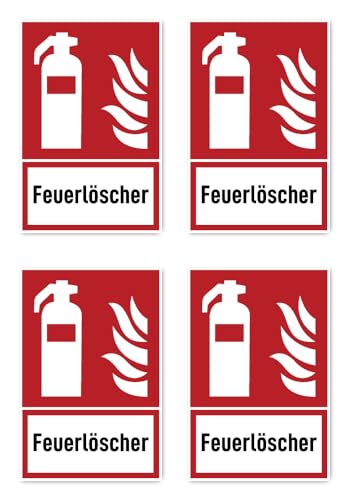 Aufkleber: 112.5x75 mm, 4 Stück - Feuerlöscher - Brandschutzzeichen mit Text (deutsch) (rot/weiß) - hochkant - F001 - DIN EN ISO 7010 / ASR A1.3 von Havati