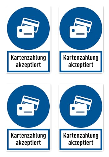 Aufkleber: 112.5x75 mm, 4 Stück - Kartenzahlung akzeptiert - Gebotszeichen mit Text (deutsch) (blau/weiß) - hochkant - DIN EN ISO 7010 / ASR A1.3 von Havati