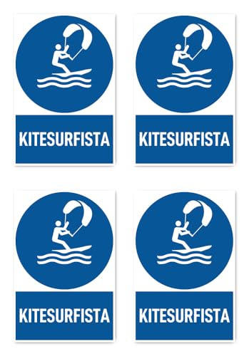 Aufkleber: 112.5x75 mm, 4 Stück - Kitesurfer - Gebotszeichen mit Text (spanisch) (blau/weiß) - hochkant - M010 - DIN EN ISO 7010 / ASR A1.3 von Havati