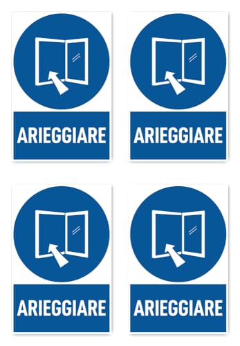 Aufkleber: 150x100 mm, 4 Stück - Bitte Lüften - Gebotszeichen mit Text (italienisch) (blau/weiß) - hochkant - M010 - DIN EN ISO 7010 / ASR A1.3 von Havati