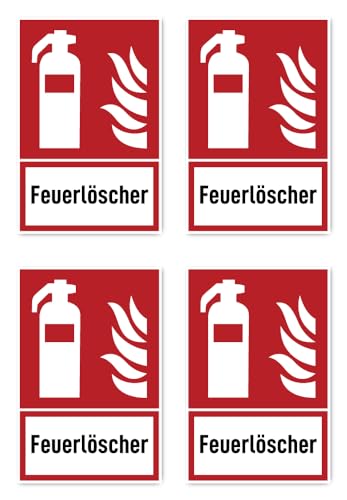 Aufkleber: 150x100 mm, 4 Stück - Feuerlöscher - Brandschutzzeichen mit Text (deutsch) (rot/weiß) - hochkant - F001 - DIN EN ISO 7010 / ASR A1.3 von Havati