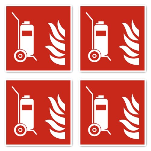 Aufkleber: 150x150 mm, 4 Stück - Fahrbarer Feuerlöscher - Brandschutzzeichen - F009 - rot/weiß - DIN EN ISO 7010 / ASR A1.3 von Havati
