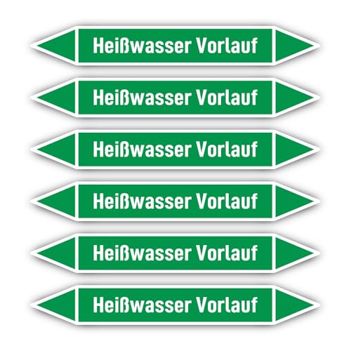 Aufkleber: 200x30 mm, 6 Stück - Gruppe 1 - Wasser - Rohrleitungskennzeichnung - nach DIN 2403 - Sprache: deutsch - Heißwasser Vorlauf von Havati