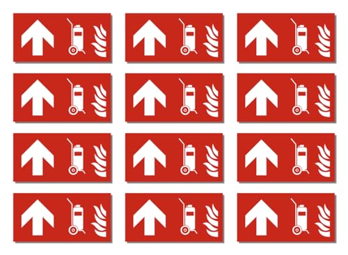 Aufkleber: 25x50 mm, 12 Stück - Fahrbarer Feuerlöscher - Kombination mit Pfeil geradeaus/aufwärts - Brandschutzzeichen - F009 - rot/weiß - DIN EN ISO 7010 / ASR A1.3 von Havati