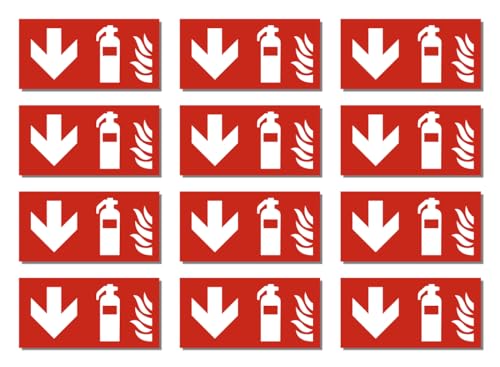 Aufkleber: 25x50 mm, 12 Stück - Feuerlöscher - Kombination mit Pfeil abwärts - Brandschutzzeichen - F001 - rot/weiß - DIN EN ISO 7010 / ASR A1.3 von Havati