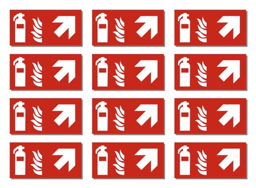 Aufkleber: 25x50 mm, 12 Stück - Feuerlöscher - Kombination mit Pfeil rechts schräg/aufwärts - Brandschutzzeichen - F001 - rot/weiß - DIN EN ISO 7010 / ASR A1.3 von Havati