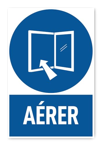 Aufkleber: 300x200 mm, 1 Stück - Bitte Lüften - Gebotszeichen mit Text (französisch) (blau/weiß) - hochkant - M010 - DIN EN ISO 7010 / ASR A1.3 von Havati