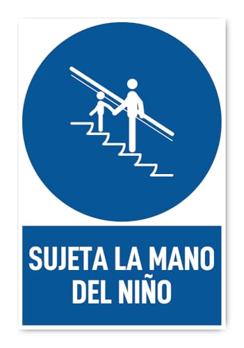 Aufkleber: 300x200 mm, 1 Stück - Rolltreppe: Kinder an die Hand nehmen - Gebotszeichen mit Text (spanisch) (blau/weiß) - hochkant - M010 - DIN EN ISO 7010 / ASR A1.3 von Havati