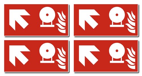 Aufkleber: 75x150 mm, 4 Stück - Fest eingebaute Feuerlösch-Flasche - Kombination mit Pfeil links schräg/aufwärts - Brandschutzzeichen - F013 - rot/weiß - DIN EN ISO 7010 / ASR A1.3 von Havati
