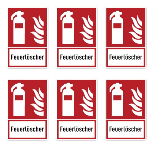 Aufkleber: 75x50 mm, 6 Stück - Feuerlöscher - Brandschutzzeichen mit Text (deutsch) (rot/weiß) - hochkant - F001 - DIN EN ISO 7010 / ASR A1.3 von Havati