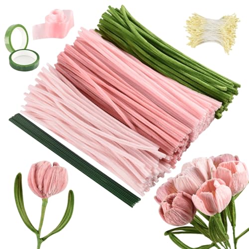 Hawdows 8mm Pfeifenreiniger Blumen Set, 400 Stück Pfeifenputzer zum Basteln 4 Farben Pipe Cleaner mit Blumen Staubblatt, Blumendraht, Geschenkband, Blumenstrauß Papier, Klebeband - Rosa von Hawdows