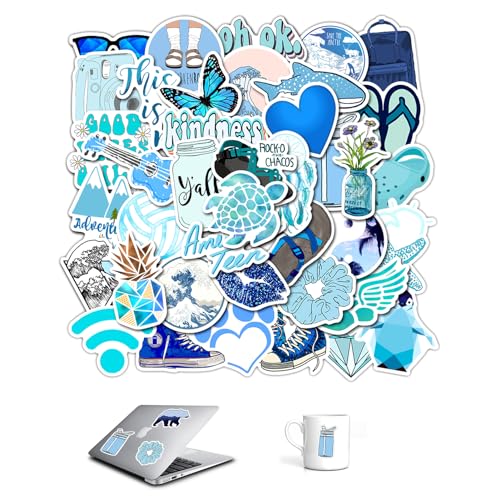 50 Stück Aesthetic Stickers Set - Wasserdichte Vinyl Aufkleber für Laptop, Koffer, Helm, Handy, Motorrad, Skateboard - Süße Graffiti Designs - für DIY Dekoration - Blaue Stickerkollektion von Hawfly