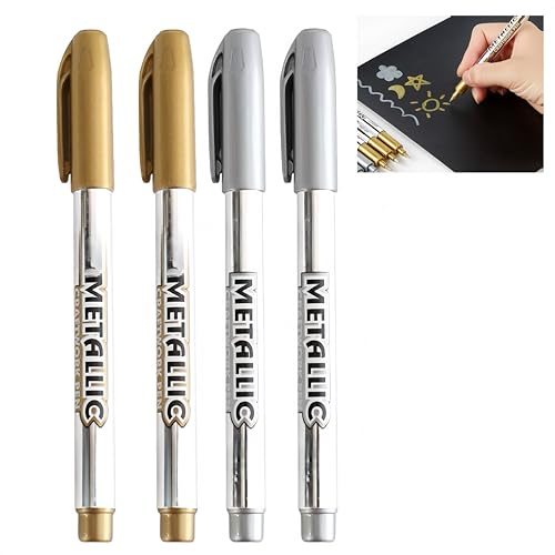 Hawfund Metallic-Marker, Gold und Silber, 4 Stück, glänzend, für Scrapbooking, DIY, Album, Schreiben, Zeichnen und Kalligraphie auf schwarzem Papier und anderen Oberflächen (2Gold2Silver) von Hawfund