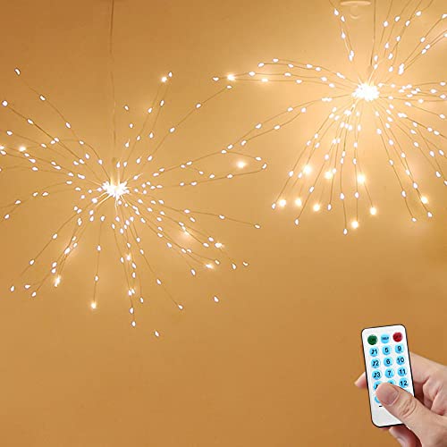 Hawofly Feuerwerk LED Licht,USB-betriebene hängende Starburst-Lichter, Blumenstrauß-Form mit Fernbedienung, 8 Leuchtmodi für Weihnachtsfeier (2 Stück) (Kaltes Weiß) von Hawofly