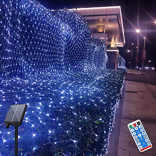 Hawofly Led Lichternetz Außen Solar Netz Lichterkette 3 x 2 m Wasserfest 200LEDs Solar Lichterkette mit Fernbedienung 8 Modis Warmweiß für Garten, Weihnachten, Hochzeit,Party (Blaues Licht) von Hawofly