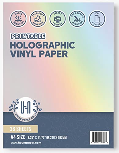 Hayes Paper Co. Vinyl Sticker Papier - 36er Pack A4 bedruckbares Vinyl Aufkleberpapier - Holografisches Vinylpapier kompatibel mit Tintenstrahldruckern - reißfest und kratzfest - Opalmuster von Hayes Paper Co.