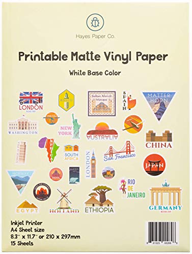 HAYES PAPER, Vinyl-Aufkleber, Folienaufkleber für Tintenstrahldrucker, 15 erstklassige MATT weiße wasserfeste Vinyl Sticker, A4-Größe HAYES PAPER, Vinyl-Aufkleber, Folienaufkleber für Tintenstrahldrucker, 15 erstklassige MATT weiße wasserfeste Vinyl Sticker, A4-Größe von Hayes Paper Co.