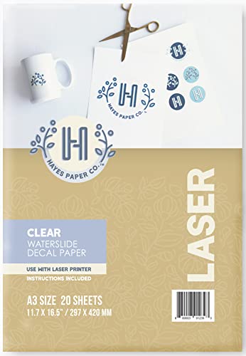 Hayes Paper, Wasserschiebefolie, Aufkleberpapier, LASERDRUCKER TRANSPARENT, 20 Seiten Erstklassiges Waterslide Wassertransferpapier, Durchsichtig, Bedruckbare Decalfolie, Klebefolie, A4-Größe von Hayes Paper Co.