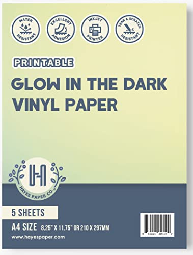 Hayes Paper Co. Bedruckbares Vinyl-Stickerpapier, leuchtet im Dunkeln, A4, 5 Blatt, perfekt für einzigartige, auffällige Designs von Hayes Paper Co.