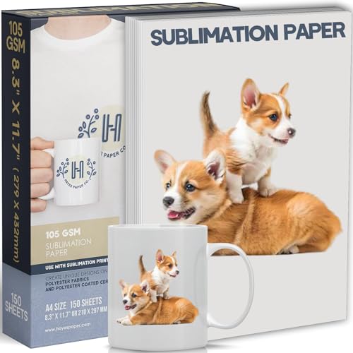 Hayes Paper Co. Sublimationspapier 150 Blatt (105g) 210 x 297 mm, DIN A4 Transferpapier, ideal für Inkjet Drucker mit Sublimationstinte, schnell trocknend, wischfest auf vielen Materialien von Hayes Paper Co.