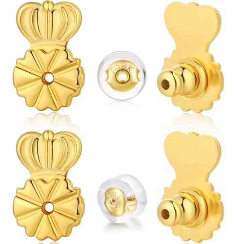 6 Stück Ohrring-Verschlüsse Ersatz für Ohrstecker, hängende Ohren und schwere Ohrringe, Hazifes, gut verarbeitete Kronenform, große Stützrückseiten plus 2 Silikon-Verschlüsse, 18 Karat Gold von Hazifes