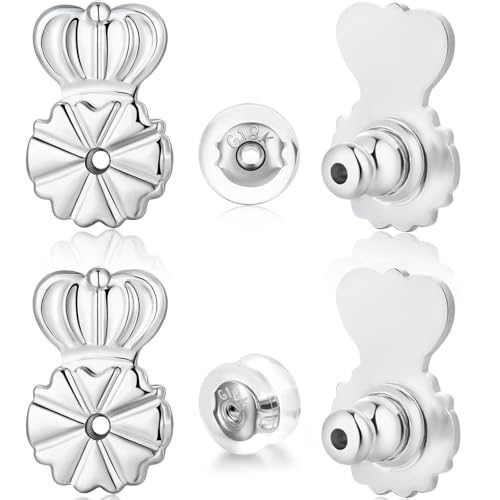 Hazifes Ohrring-Verschlüsse, Ersatz für Ohrstecker, hängende Ohren und schwere Ohrringe, 6 Stück, Kronenform, große Stützrückseiten plus 2 Silikon-Verschlüsse, 18 Karat Weißgold von Hazifes