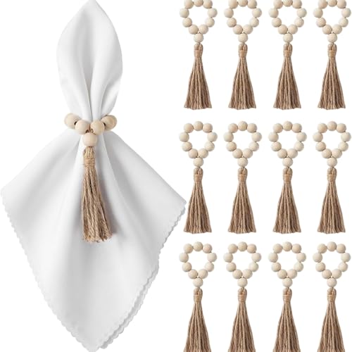 12 pcs 6 Zoll Flexible Holzperlen -Serviettenringe mit Quasten, rustikaler Boho -Tischdekor für Essen, Hochzeit, Party, Kerzenhalter und Wandknopfakzente von Hbbgdiy