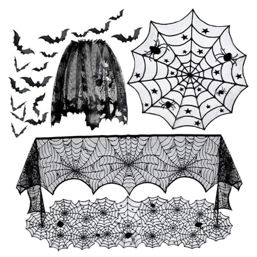 5 Pack Halloween Dekorationen Schwarze Spitzen -Tischdecke und Tischläufer Set mit 16 PCS 3D -Fledermaus und Spiderweb Gothic Party Decor, Kaminsimsschalschatz -Wickel für Spukhaus 5 Pack Halloween Dekorationen Schwarze Spitzen -Tischdecke und Tischläufer Set mit 16 PCS 3D -Fledermaus und Spiderweb Gothic Party Decor, Kaminsimsschalschatz -Wickel für Spukhaus von Hbbgdiy
